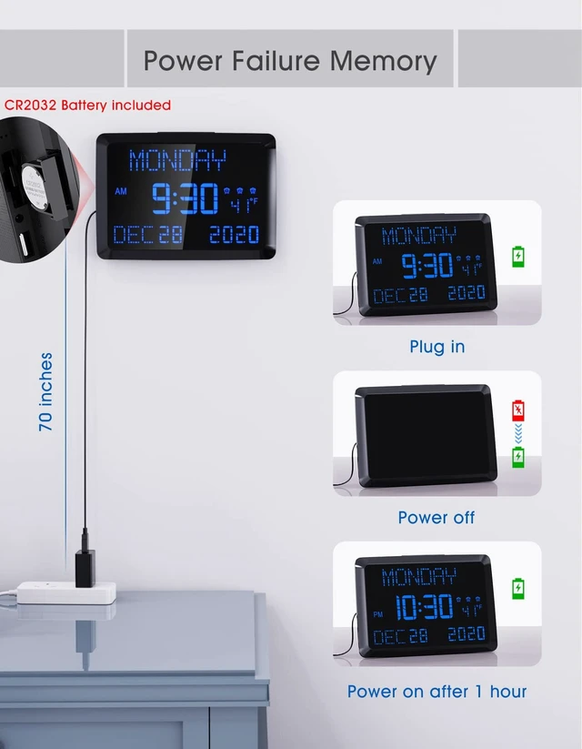 Alt view image 7 of 7 - 11.5" Large Digital Wall Clock for Seniors - Extra Large LED Calendar Clock with Non-Abbreviated Day Date & Indoor Temperature, 3 Alarms, 5-Level Dimmer, 2 USB Chargers for Bedroom Living Room Office