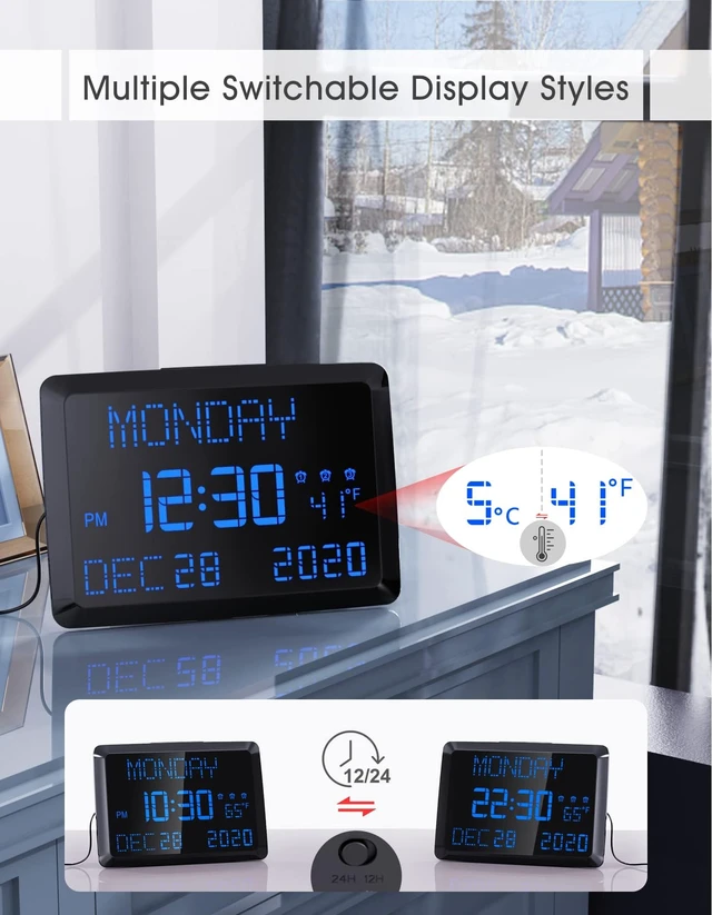 Alt view image 6 of 7 - 11.5" Large Digital Wall Clock for Seniors - Extra Large LED Calendar Clock with Non-Abbreviated Day Date & Indoor Temperature, 3 Alarms, 5-Level Dimmer, 2 USB Chargers for Bedroom Living Room Office