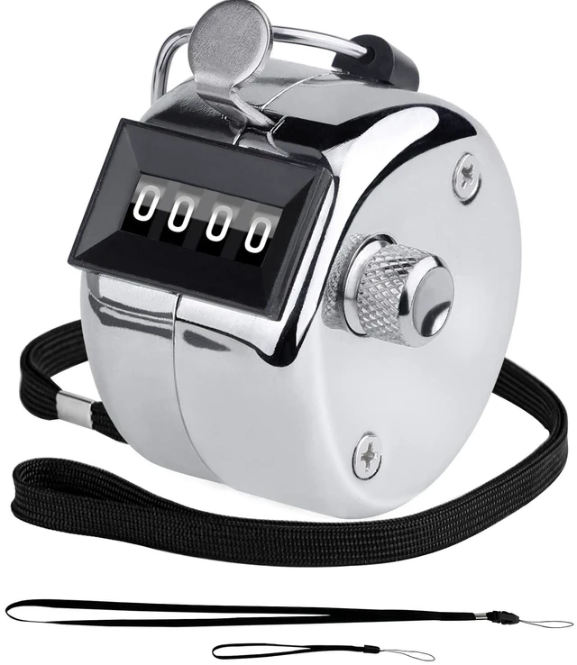 Main image of Metal Hand Tally Clicker Counter, 4-Digit Number Display for Coaching, Knitting, Lap, Fishing, Golf and Row Sport with 2-Nylon Lanyard,Silver