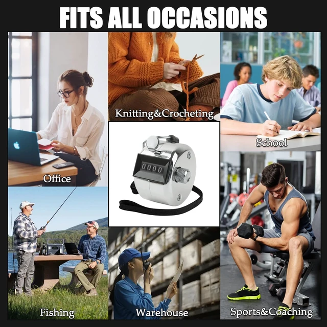 Alt view image 3 of 7 - Metal Hand Tally Clicker Counter, 4-Digit Number Display for Coaching, Knitting, Lap, Fishing, Golf and Row Sport with 2-Nylon Lanyard,Silver