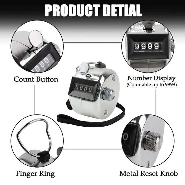 Alt view image 4 of 7 - Metal Hand Tally Clicker Counter, 4-Digit Number Display for Coaching, Knitting, Lap, Fishing, Golf and Row Sport with 2-Nylon Lanyard,Silver