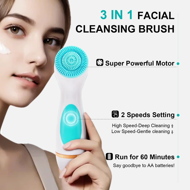 Alt view image 2 of 7 - Facial Cleansing Brush, Waterproof Dual-Rotation Face Scrubber Exfoliator with 3 Brush Heads and 2 Adjustable Speeds, Rechargeable Exfoliating Face Brushes for Cleansing and Skin Care (Blue)