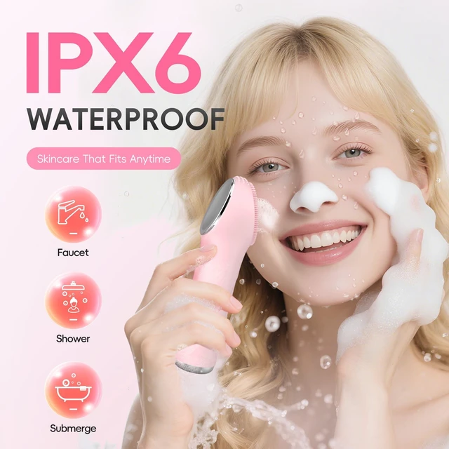 Alt view image 2 of 7 - Facial Cleansing Brush, 2 in 1 Rechargeable Silicone Face Scrubber with Heat Massage Head, Electric Vibrating Exfoliating and Massaging, Waterproof Face Cleanser for Women and Men (Pink)