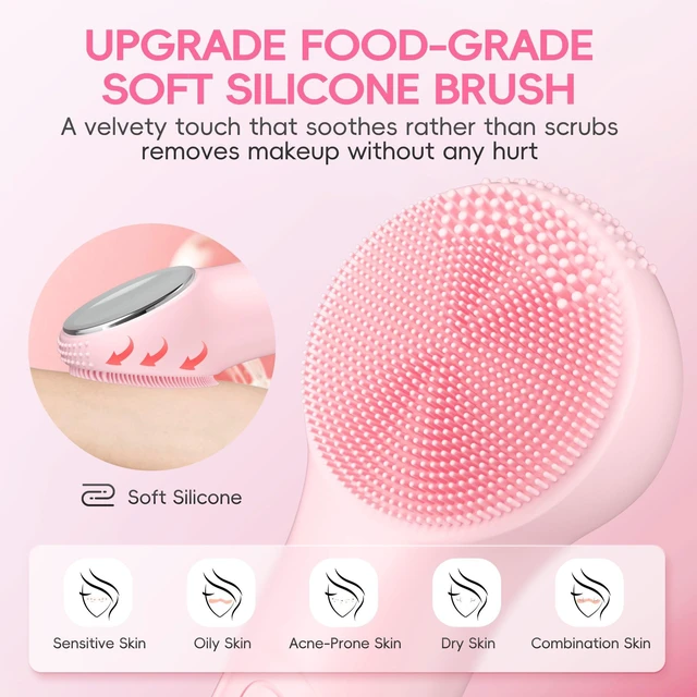 Alt view image 3 of 7 - Facial Cleansing Brush, 2 in 1 Rechargeable Silicone Face Scrubber with Heat Massage Head, Electric Vibrating Exfoliating and Massaging, Waterproof Face Cleanser for Women and Men (Pink)