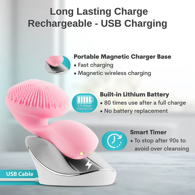 Alt view image 6 of 7 - Silicon Facial Cleansing Brush - Electric, Rechargeable, Waterproof IPX7 - Rotating Magnetic Beads - 4 Function Modes - Face Massage for Deep Cleaning - Magnetic Charging Base - Ergonomic Handle