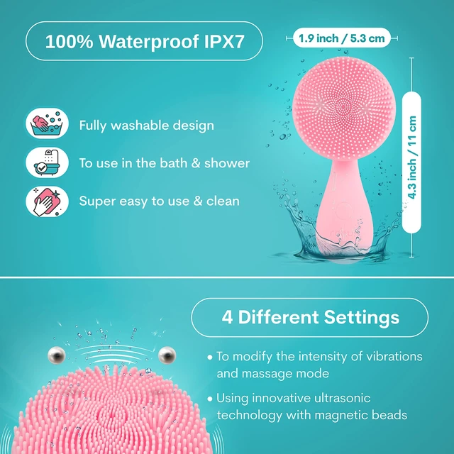 Alt view image 7 of 7 - Silicon Facial Cleansing Brush - Electric, Rechargeable, Waterproof IPX7 - Rotating Magnetic Beads - 4 Function Modes - Face Massage for Deep Cleaning - Magnetic Charging Base - Ergonomic Handle