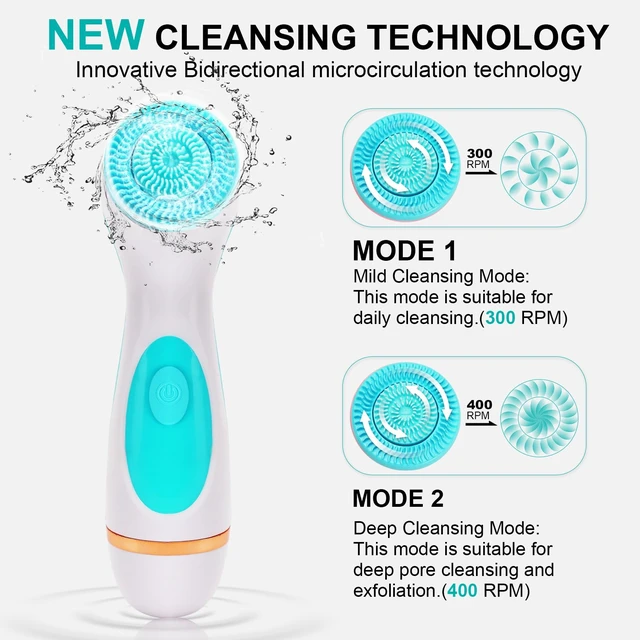 Alt view image 3 of 7 - Facial Cleansing Brush, Waterproof Dual-Rotation Face Scrubber Exfoliator with 3 Brush Heads and 2 Adjustable Speeds, Rechargeable Exfoliating Face Brushes for Cleansing and Skin Care (Blue)