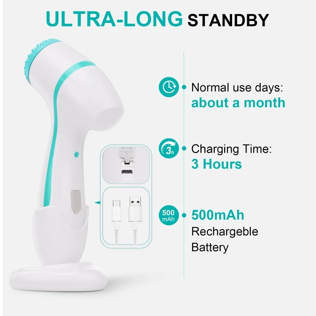 Alt view image 5 of 7 - Facial Cleansing Brush, Waterproof Dual-Rotation Face Scrubber Exfoliator with 3 Brush Heads and 2 Adjustable Speeds, Rechargeable Exfoliating Face Brushes for Cleansing and Skin Care (Blue)