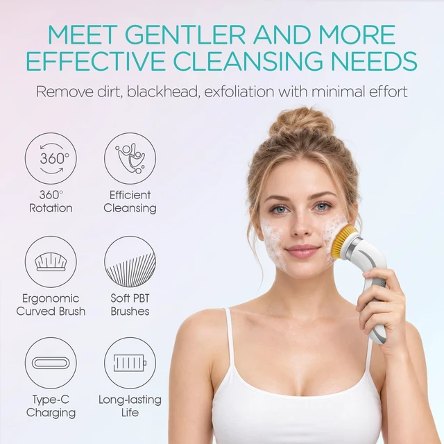 Alt view image 2 of 7 - Facial Cleansing Brush-Spin Face Scrubber Exfoliator Rechargeable, 2-Speed Rotation, Electric Face Wash Brushes for Cleansing and Exfoliating, with 2 Brush Heads, Grey