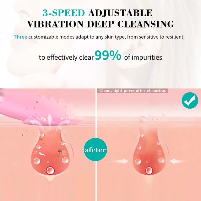 Alt view image 3 of 7 - Facial Cleansing Brush, Rechargeable Silicone Face Scrubber with 5 Cleansing Modes, Portable Vibrating Exfoliator Scrubber for Deep Cleaning, Waterproof Face Brush for Women(Pink)