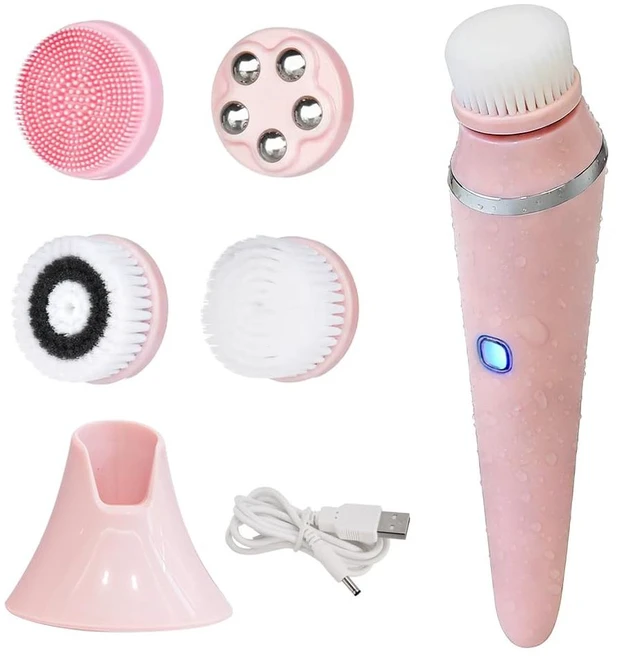 Main image of Facial Brush, 3 Speeds Adjustable Facial Cleansing Brush with Base, Waterproof & Rechargeable Face Scrubber Exfoliator with 4 Brush Heads for Women, Pink