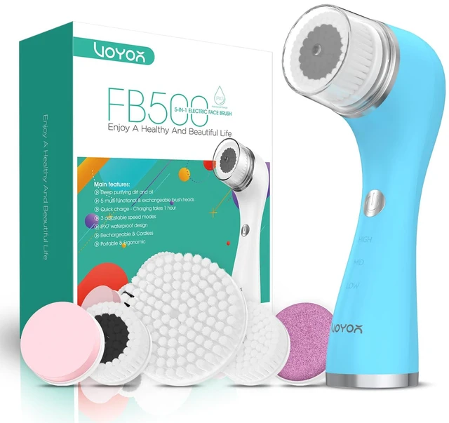 Main image of Facial Cleansing Brush, 5-in-1 Electric Spin Face Scrubber Set | 3 Speeds, 5 Heads, IPX7 Waterproof, 600mAh Rechargeable Battery, Face Brush for Deep Cleansing Gentle Exfoliation, FB500 Blue