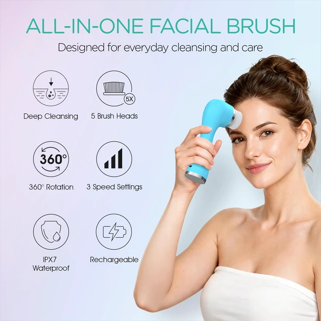 Alt view image 2 of 7 - Facial Cleansing Brush, 5-in-1 Electric Spin Face Scrubber Set | 3 Speeds, 5 Heads, IPX7 Waterproof, 600mAh Rechargeable Battery, Face Brush for Deep Cleansing Gentle Exfoliation, FB500 Blue