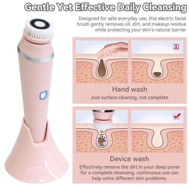 Alt view image 2 of 7 - Facial Brush, 3 Speeds Adjustable Facial Cleansing Brush with Base, Waterproof & Rechargeable Face Scrubber Exfoliator with 4 Brush Heads for Women, Pink