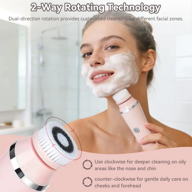 Alt view image 3 of 7 - Facial Brush, 3 Speeds Adjustable Facial Cleansing Brush with Base, Waterproof & Rechargeable Face Scrubber Exfoliator with 4 Brush Heads for Women, Pink