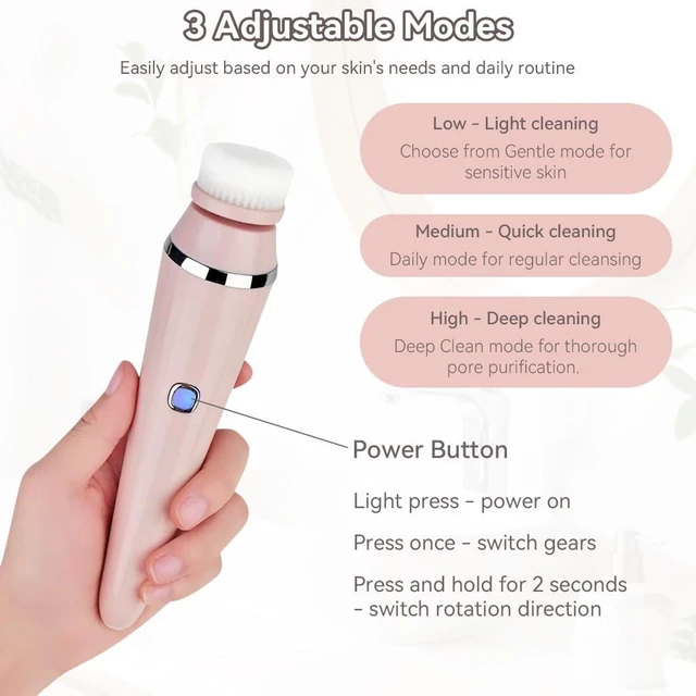 Alt view image 4 of 7 - Facial Brush, 3 Speeds Adjustable Facial Cleansing Brush with Base, Waterproof & Rechargeable Face Scrubber Exfoliator with 4 Brush Heads for Women, Pink