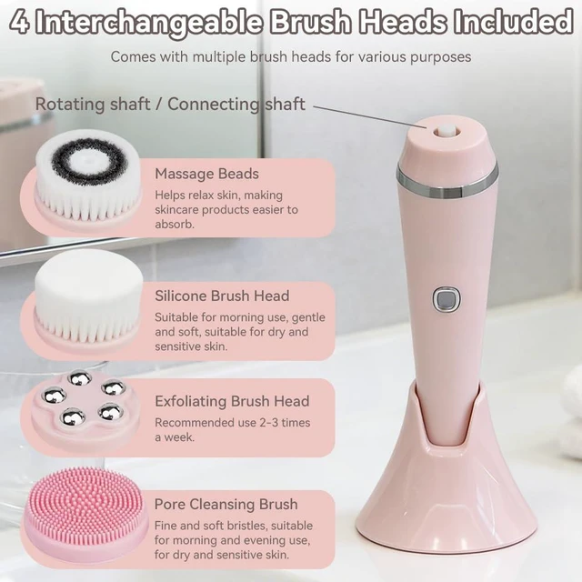 Alt view image 5 of 7 - Facial Brush, 3 Speeds Adjustable Facial Cleansing Brush with Base, Waterproof & Rechargeable Face Scrubber Exfoliator with 4 Brush Heads for Women, Pink
