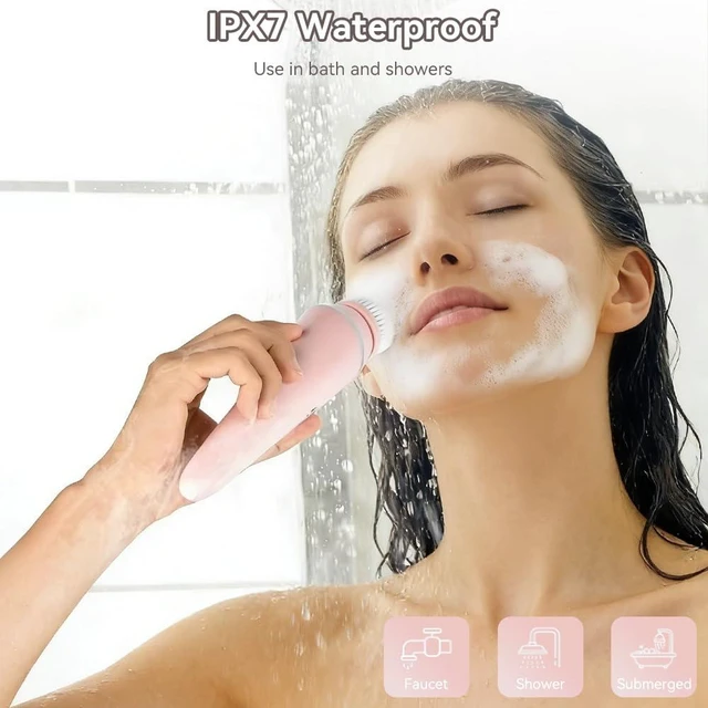 Alt view image 6 of 7 - Facial Brush, 3 Speeds Adjustable Facial Cleansing Brush with Base, Waterproof & Rechargeable Face Scrubber Exfoliator with 4 Brush Heads for Women, Pink