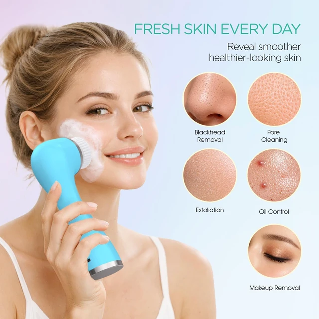 Alt view image 5 of 7 - Facial Cleansing Brush, 5-in-1 Electric Spin Face Scrubber Set | 3 Speeds, 5 Heads, IPX7 Waterproof, 600mAh Rechargeable Battery, Face Brush for Deep Cleansing Gentle Exfoliation, FB500 Blue