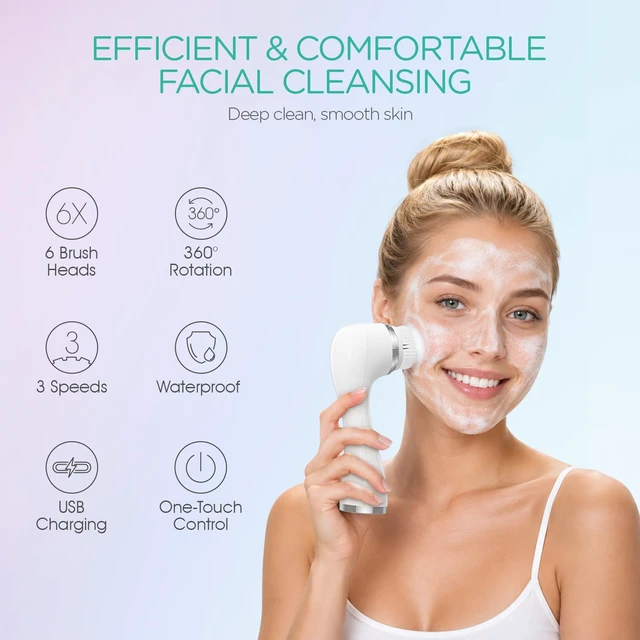 Alt view image 2 of 7 - Facial Cleansing Brush Electric, Face Brushes for Cleansing, 6 Heads | 360° Rotating Face Wash Brush, Rechargeable Facial Scrubber, 6 Brush Heads, Exfoliating & Blackhead Removal Makeup Cleansing