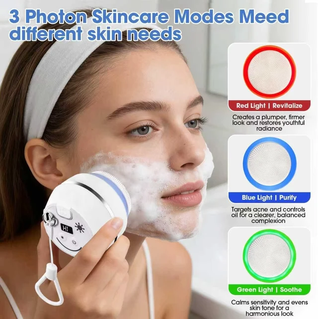 Alt view image 2 of 7 - Electric Facial Cleanser, Silicone Facial Cleansing Brush | with 6 Modes & 3 Light Effects, Rechargeable Waterproof Facial Exfoliating Brush with Extra Brush Head for Women & Men