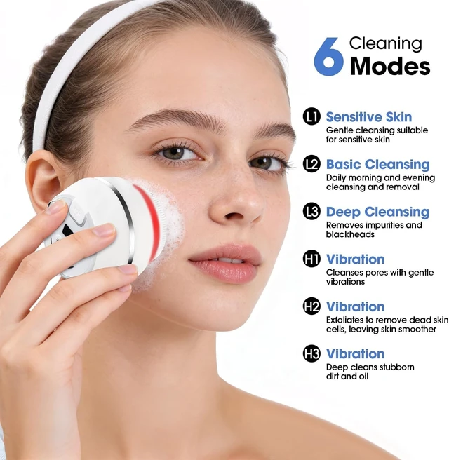 Alt view image 3 of 7 - Electric Facial Cleanser, Silicone Facial Cleansing Brush | with 6 Modes & 3 Light Effects, Rechargeable Waterproof Facial Exfoliating Brush with Extra Brush Head for Women & Men