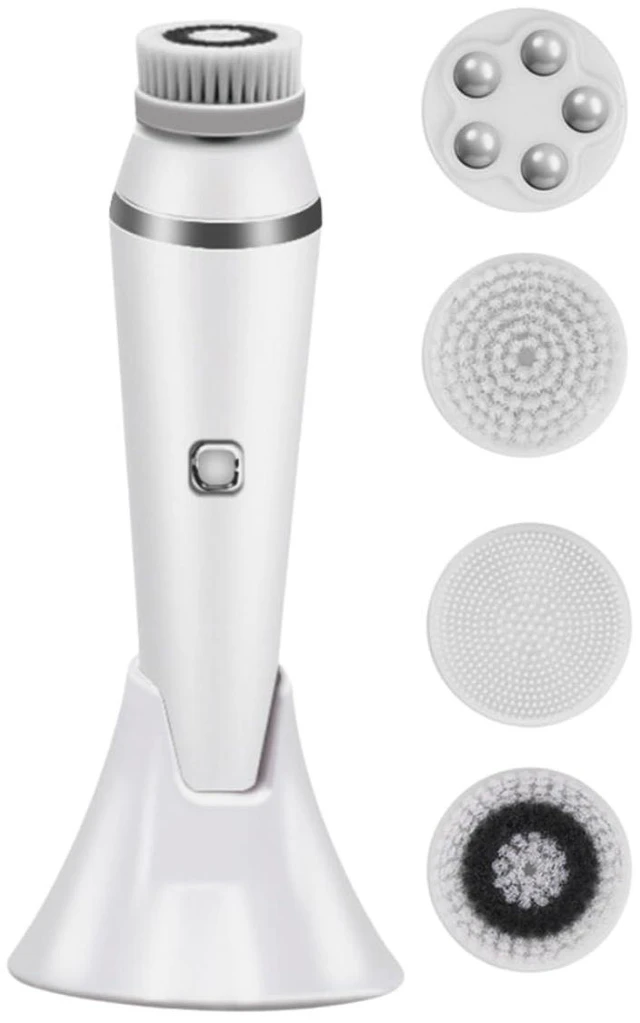 Main image of Electric Facial Cleansing Brush with 4 Interchangeable Heads - Sonic Vibration Face Scrubber for Deep Pore Cleansing, Gentle Exfoliation, Waterproof Rechargeable Facial Cleanser Device White