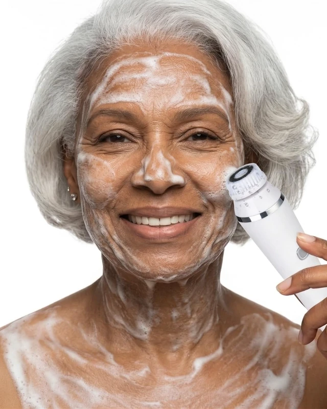 Alt view image 2 of 7 - Electric Facial Cleansing Brush with 4 Interchangeable Heads - Sonic Vibration Face Scrubber for Deep Pore Cleansing, Gentle Exfoliation, Waterproof Rechargeable Facial Cleanser Device White