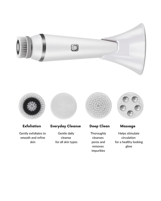 Alt view image 3 of 7 - Electric Facial Cleansing Brush with 4 Interchangeable Heads - Sonic Vibration Face Scrubber for Deep Pore Cleansing, Gentle Exfoliation, Waterproof Rechargeable Facial Cleanser Device White