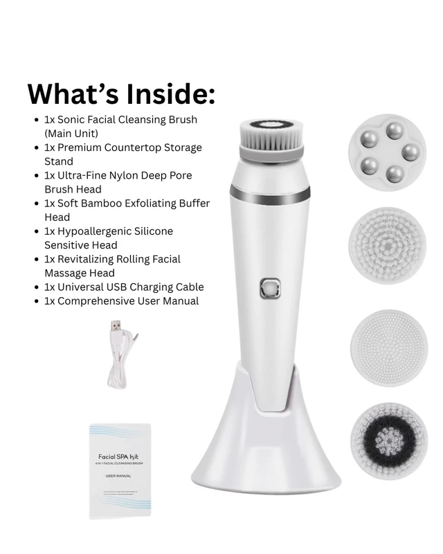 Alt view image 7 of 7 - Electric Facial Cleansing Brush with 4 Interchangeable Heads - Sonic Vibration Face Scrubber for Deep Pore Cleansing, Gentle Exfoliation, Waterproof Rechargeable Facial Cleanser Device White