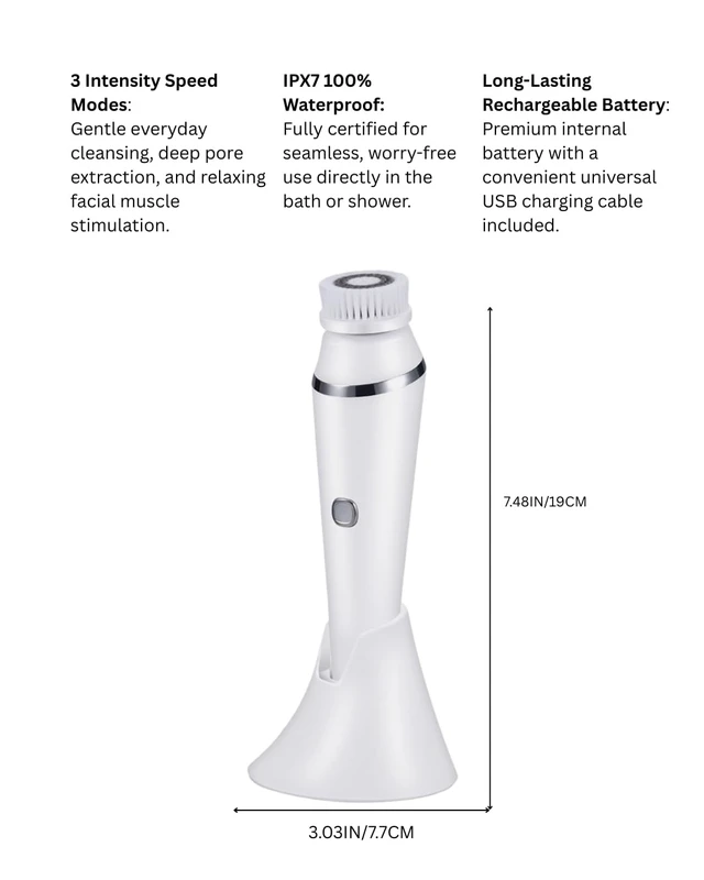 Alt view image 6 of 7 - Electric Facial Cleansing Brush with 4 Interchangeable Heads - Sonic Vibration Face Scrubber for Deep Pore Cleansing, Gentle Exfoliation, Waterproof Rechargeable Facial Cleanser Device White