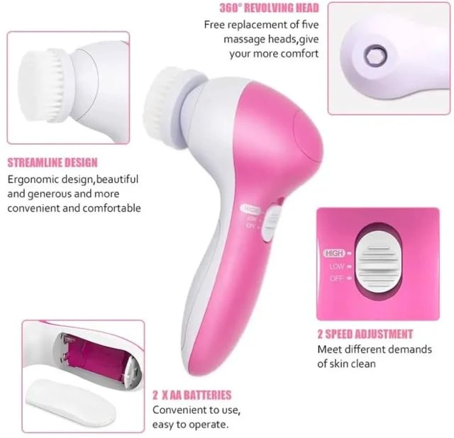 Alt view image 5 of 6 - Exfoliating Electric Facial Cleanser Silicone Scrub Pore Cleaner Spin Sonic Facial Cleansing Brush (5 in 1 Facial Cleansing Brush)