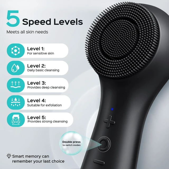 Alt view image 7 of 7 - FBS03 Face Scrubber Facial Cleansing Brush, Patented Design, Black | Patented 2-in-1 Spin and Vibration with Automatic Foaming, Silicone Electric Exfoliator for Men Women, Travel, Waterproof