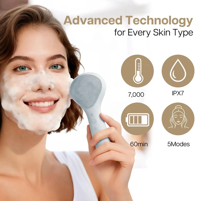 Alt view image 2 of 7 - Face Scrubber, Thermal & Cooling Modes, Face Brush, Deep Pore Cleansing, Silicone Face Scrubber, Electric Sonic Vibrations, Facial Cleansing Brush, Waterproof Home Spa & Travel Skincare