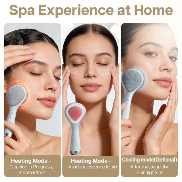 Alt view image 3 of 7 - Face Scrubber, Thermal & Cooling Modes, Face Brush, Deep Pore Cleansing, Silicone Face Scrubber, Electric Sonic Vibrations, Facial Cleansing Brush, Waterproof Home Spa & Travel Skincare