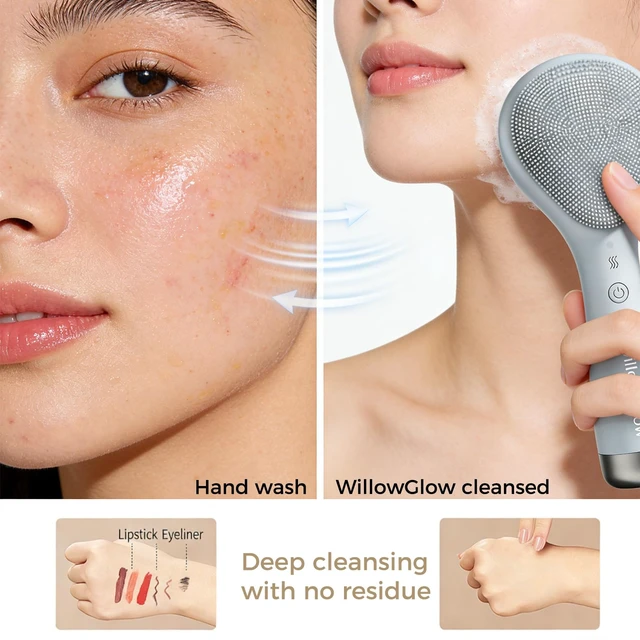 Alt view image 6 of 7 - Face Scrubber, Thermal & Cooling Modes, Face Brush, Deep Pore Cleansing, Silicone Face Scrubber, Electric Sonic Vibrations, Facial Cleansing Brush, Waterproof Home Spa & Travel Skincare
