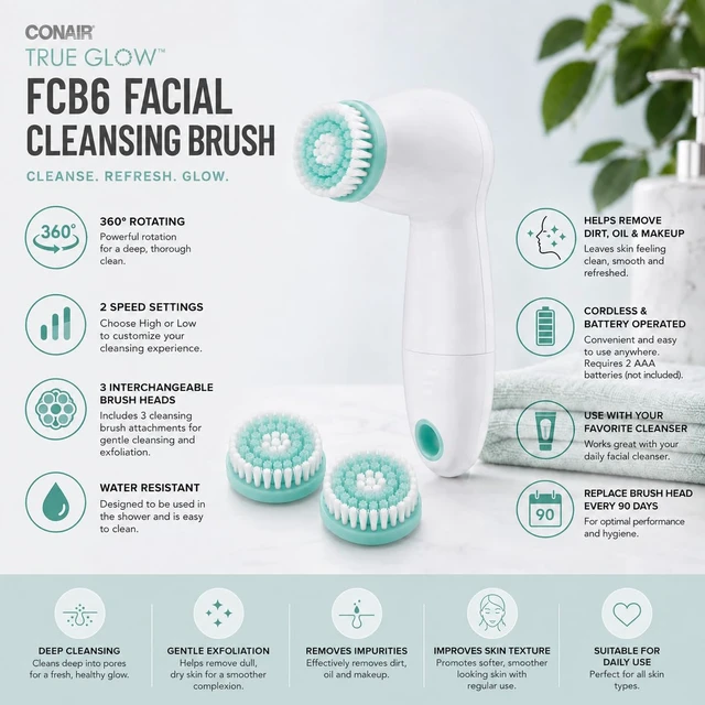 Alt view image 3 of 7 - True Glow Sonic Facial Cleansing Brush (FCB6N) Waterproof Electric Face Scrubber Set with 3 Brush Heads, Battery Operated for Deep Pore Cleansing & Exfoliating