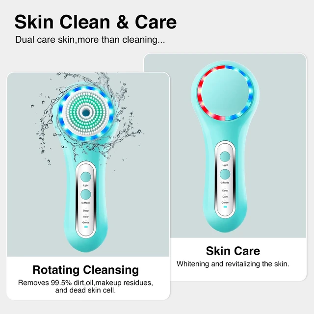 Alt view image 3 of 7 - Electric Facial Cleansing Brush, 2-Way Rotating Face Scrubber for Daily & Deep Cleaning, 3 Modes, 5 Brush Heads, Rechargeable, IPX7 Waterproof for All Skin Types