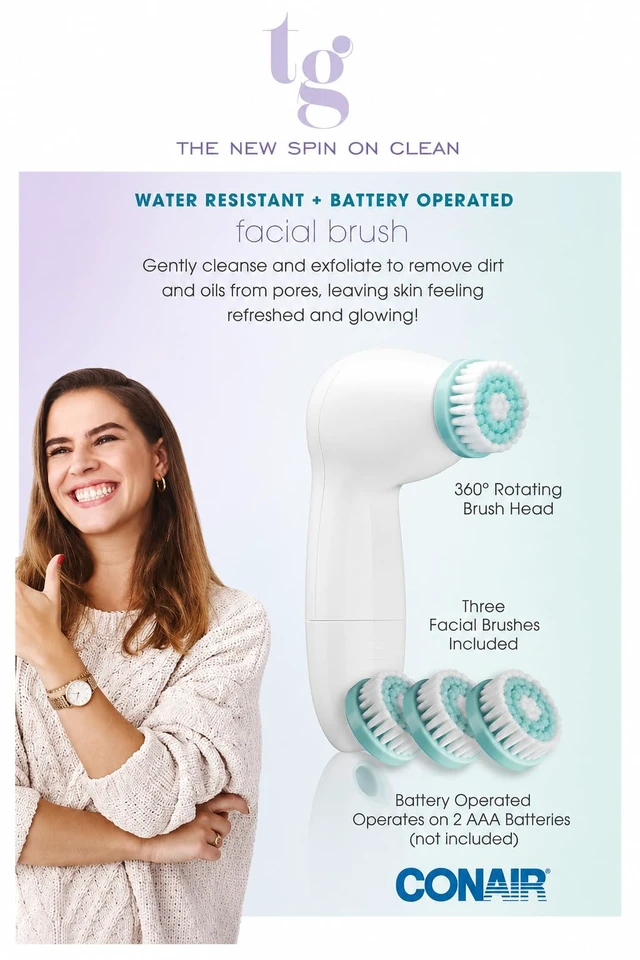 Alt view image 7 of 7 - True Glow Sonic Facial Cleansing Brush (FCB6N) Waterproof Electric Face Scrubber Set with 3 Brush Heads, Battery Operated for Deep Pore Cleansing & Exfoliating