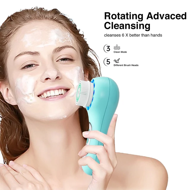 Alt view image 5 of 7 - Electric Facial Cleansing Brush, 2-Way Rotating Face Scrubber for Daily & Deep Cleaning, 3 Modes, 5 Brush Heads, Rechargeable, IPX7 Waterproof for All Skin Types