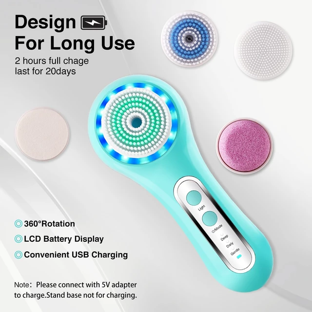 Alt view image 7 of 7 - Electric Facial Cleansing Brush, 2-Way Rotating Face Scrubber for Daily & Deep Cleaning, 3 Modes, 5 Brush Heads, Rechargeable, IPX7 Waterproof for All Skin Types