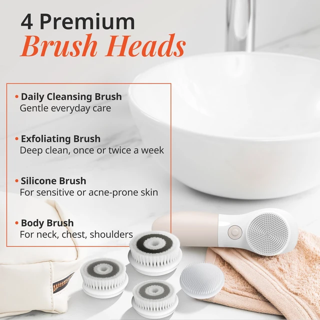 Alt view image 4 of 7 - Raedia Facial Cleansing Brush - Electric Facial Cleansing Brush with 4 Exfoliating Brush Heads - Waterproof, Handheld, Lightweight for Face Scrubber and Exfoliating Face - Warm Grey