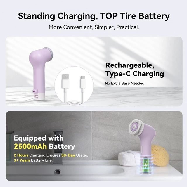 Alt view image 5 of 7 - Electric Facial Cleansing Brush, Rechargeable Silicone Face Scrubber Exfoliator with Patented Dual-Ring Brush Heads, 3 Rotating Speeds, Non-Vibration Exfoliator Brush, for Women & Men Skincare