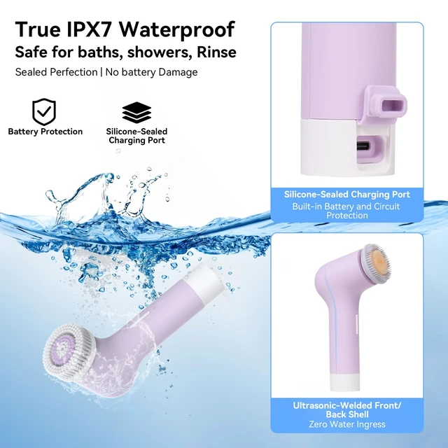 Alt view image 6 of 7 - Electric Facial Cleansing Brush, Rechargeable Silicone Face Scrubber Exfoliator with Patented Dual-Ring Brush Heads, 3 Rotating Speeds, Non-Vibration Exfoliator Brush, for Women & Men Skincare
