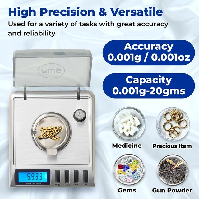 Alt view image 3 of 6 - Gemini-20 Milligram Scale 20g x 0.001gDigital Jewelry/Lab Scale for Powder, Gold, Gems Includes Calibration Weights, Tweezers & TrayTare, Cal, 6 Units (Gemini - 20 - Silver)