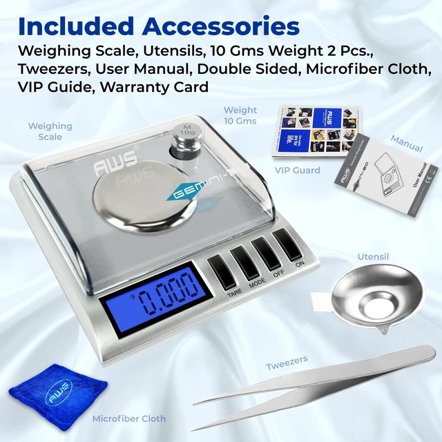 Alt view image 2 of 6 - Gemini-20 Milligram Scale 20g x 0.001gDigital Jewelry/Lab Scale for Powder, Gold, Gems Includes Calibration Weights, Tweezers & TrayTare, Cal, 6 Units (Gemini - 20 - Silver)