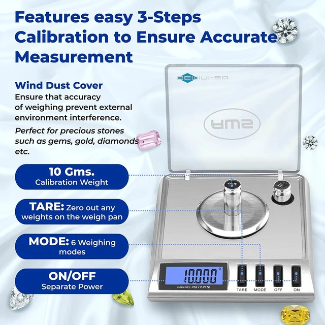 Alt view image 6 of 6 - Gemini-20 Milligram Scale 20g x 0.001gDigital Jewelry/Lab Scale for Powder, Gold, Gems Includes Calibration Weights, Tweezers & TrayTare, Cal, 6 Units (Gemini - 20 - Silver)