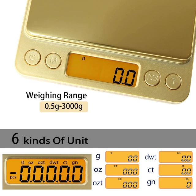Alt view image 2 of 7 - Small Gram Scale 3000g, Digital Kitchen Food Scale, Gram and Ounce | Gold Titanium Mirror Finish, 0.1g Accuracy, 6 Modes, 2 Trays Included, Tare, Piece Counting, For Food, Coffee, Coins, Herb