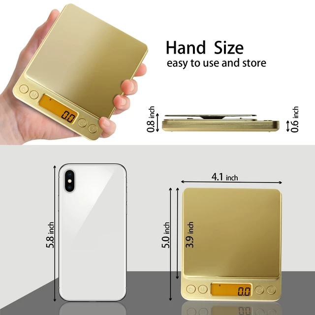 Alt view image 3 of 7 - Small Gram Scale 3000g, Digital Kitchen Food Scale, Gram and Ounce | Gold Titanium Mirror Finish, 0.1g Accuracy, 6 Modes, 2 Trays Included, Tare, Piece Counting, For Food, Coffee, Coins, Herb