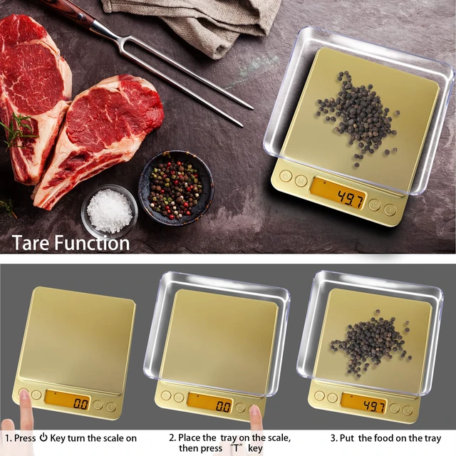 Alt view image 5 of 7 - Small Gram Scale 3000g, Digital Kitchen Food Scale, Gram and Ounce | Gold Titanium Mirror Finish, 0.1g Accuracy, 6 Modes, 2 Trays Included, Tare, Piece Counting, For Food, Coffee, Coins, Herb